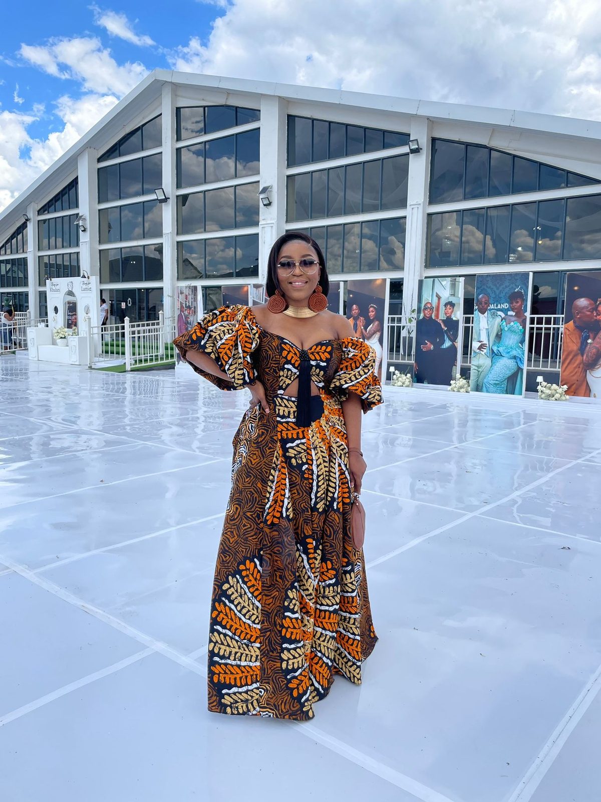 African print gown with puff sleeves