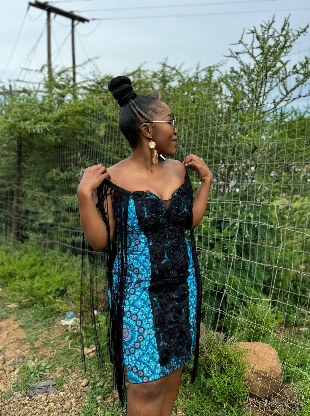 Blue print dress with black rose lace and fringe detail