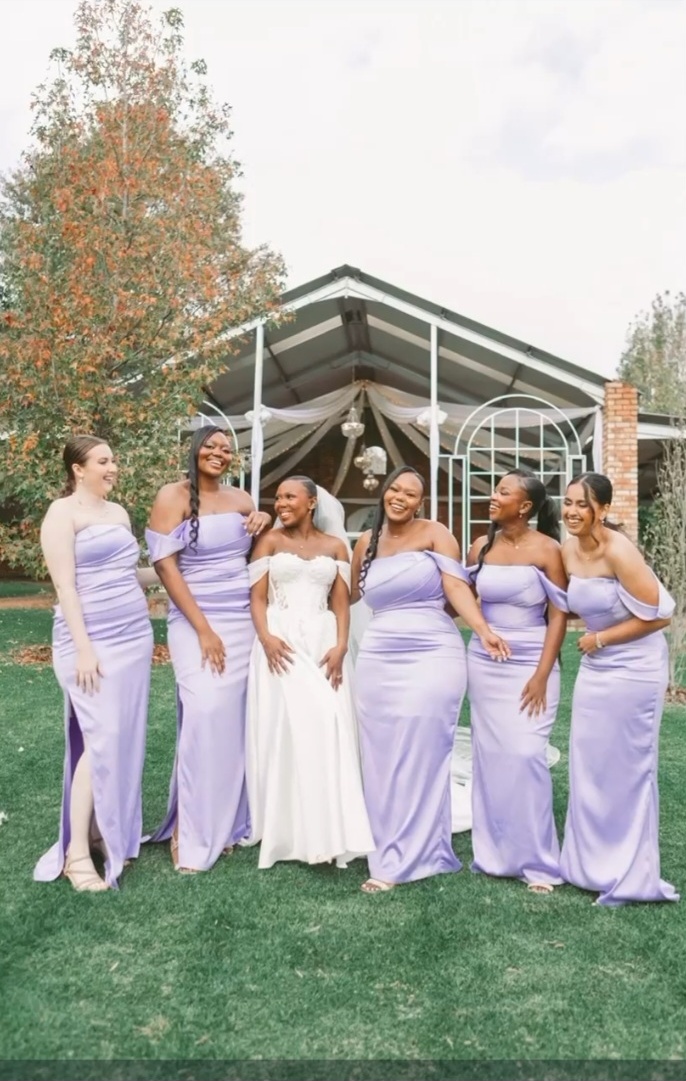 Bride and bridesmaids in lavender satin gowns