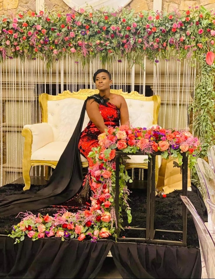 One-shoulder evening gown with train by Juliet Eron