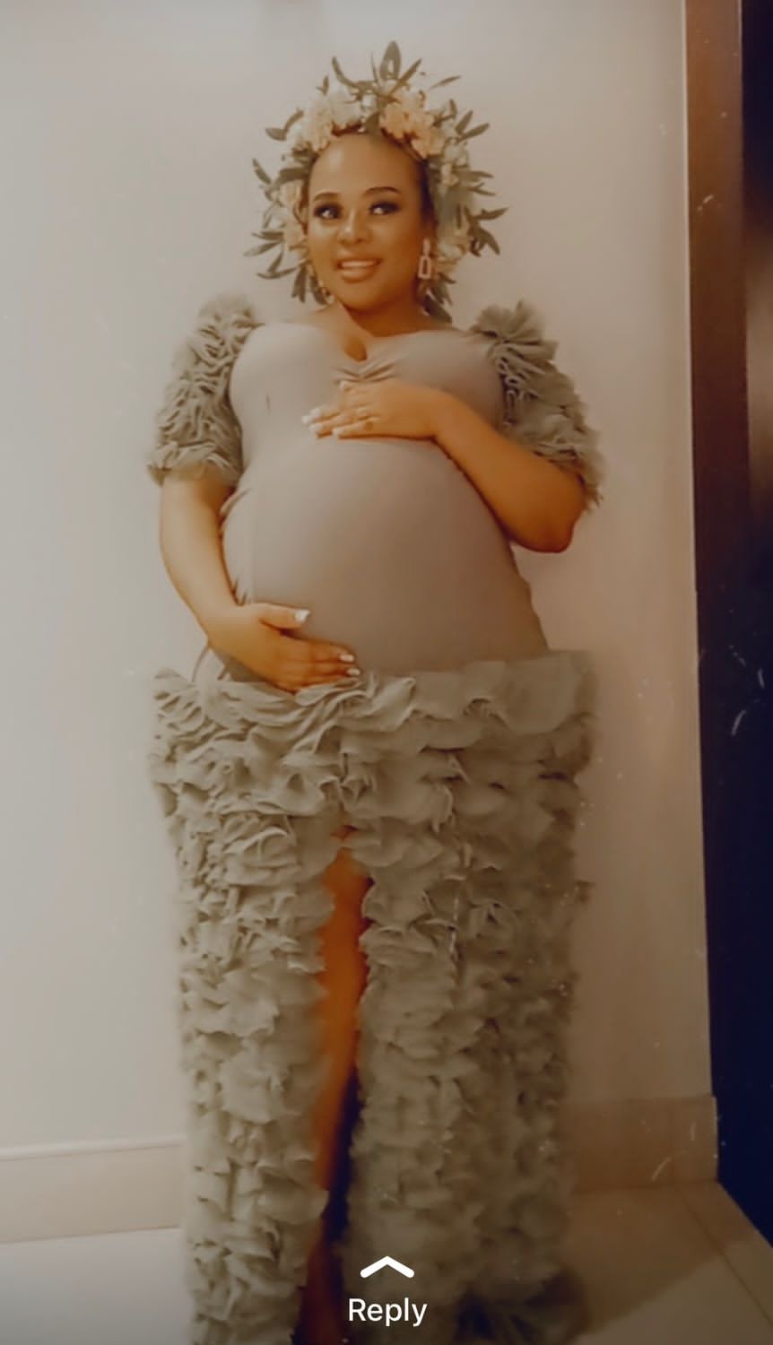 Ruffled maternity gown by Juliet Eron